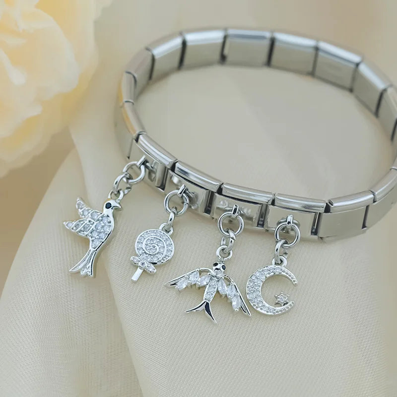 Hapiship 2025 Swallow Peace Dove Moon Star Lollipop Italian Charms Fit 9mm Stainless Steel Bracelet Women Jewelry DJ1151
