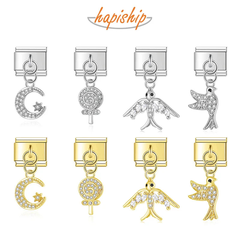 Hapiship 2025 Swallow Peace Dove Moon Star Lollipop Italian Charms Fit 9mm Stainless Steel Bracelet Women Jewelry DJ1151