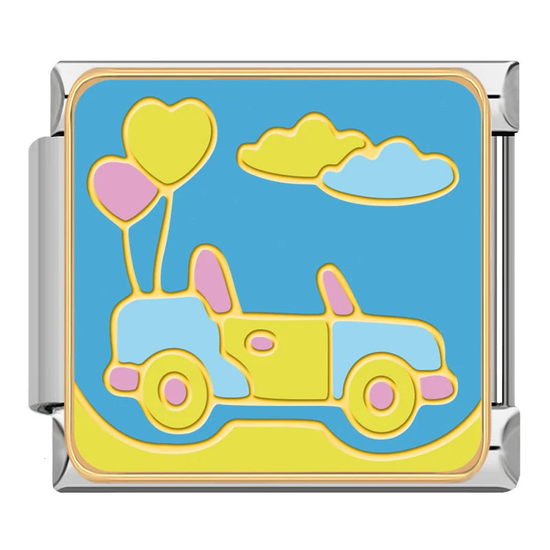 Car with heart balloons