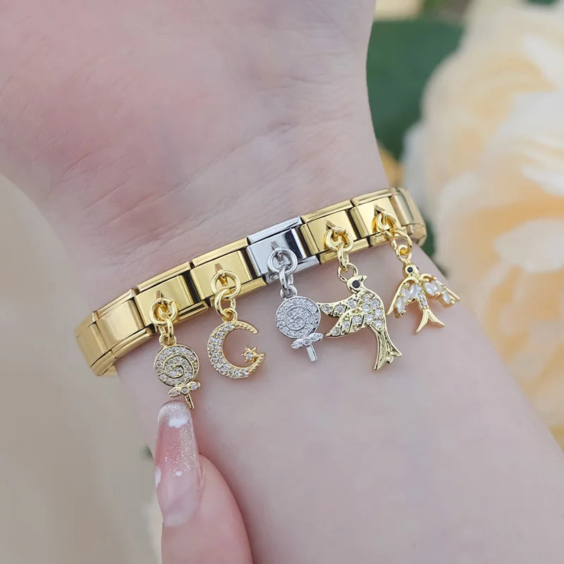 Hapiship 2025 Swallow Peace Dove Moon Star Lollipop Italian Charms Fit 9mm Stainless Steel Bracelet Women Jewelry DJ1151